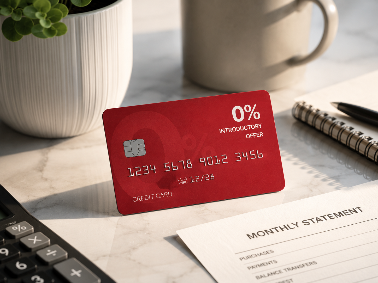 A red and silver credit card on marble.